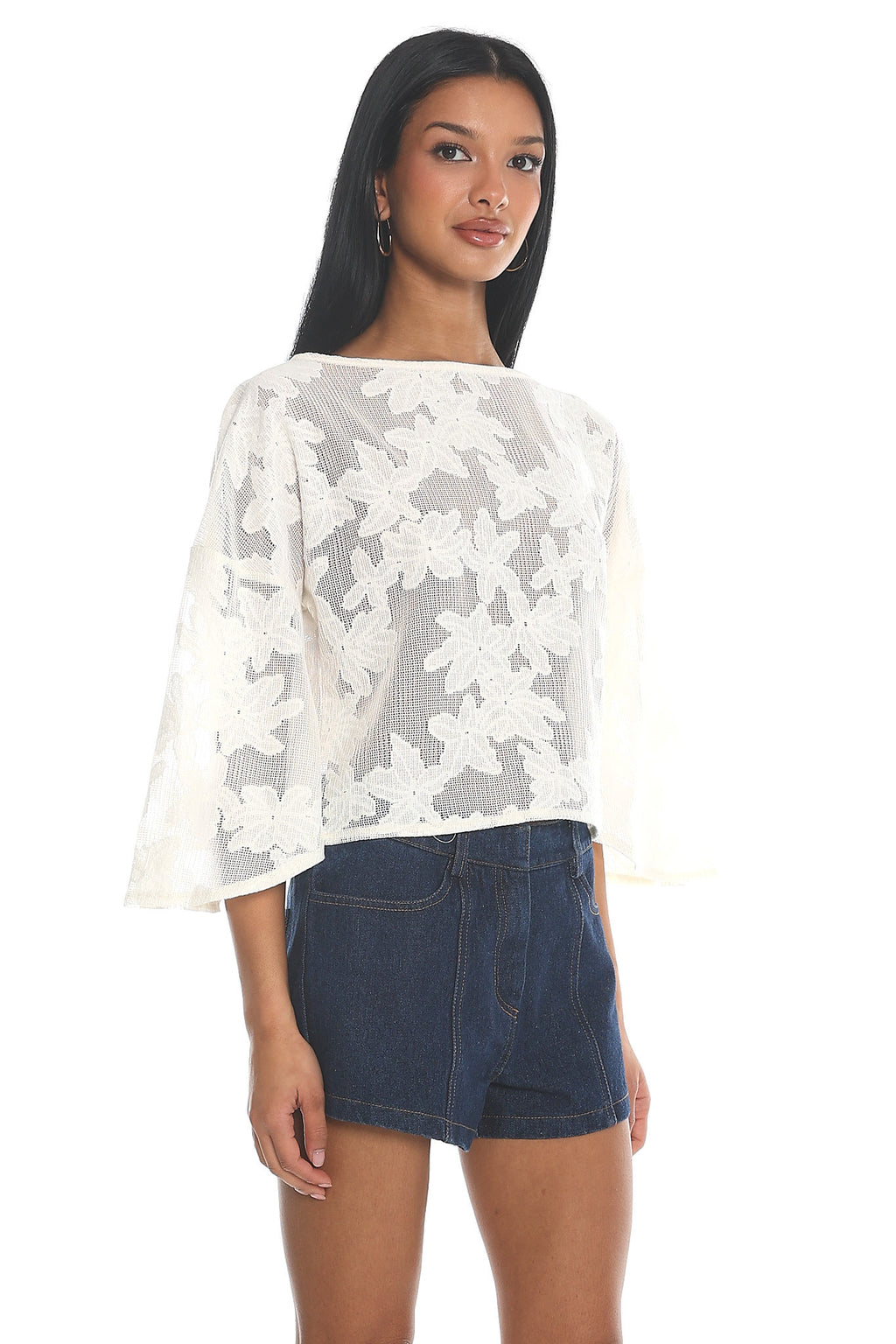 Sol Blanca Bell Sleeve Lace Crop Top Off White