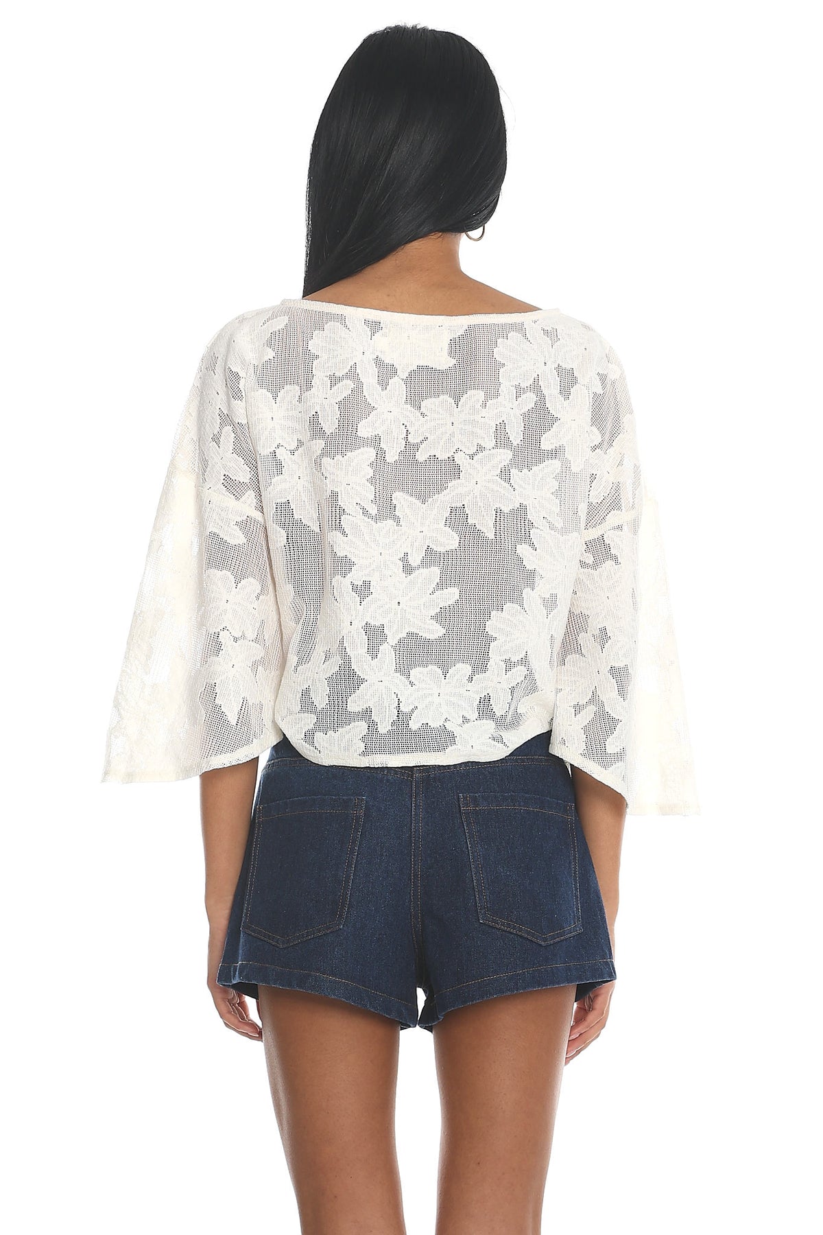Sol Blanca Bell Sleeve Lace Crop Top Off White