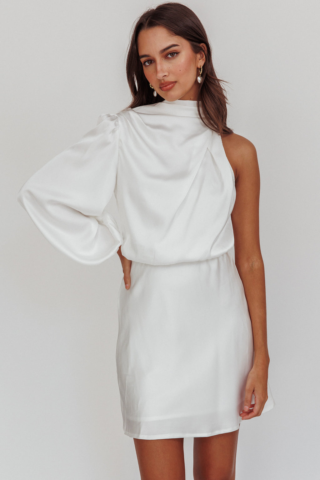 Can't Compete One Sleeve Mini Dress Off White by Selfie Leslie Australia