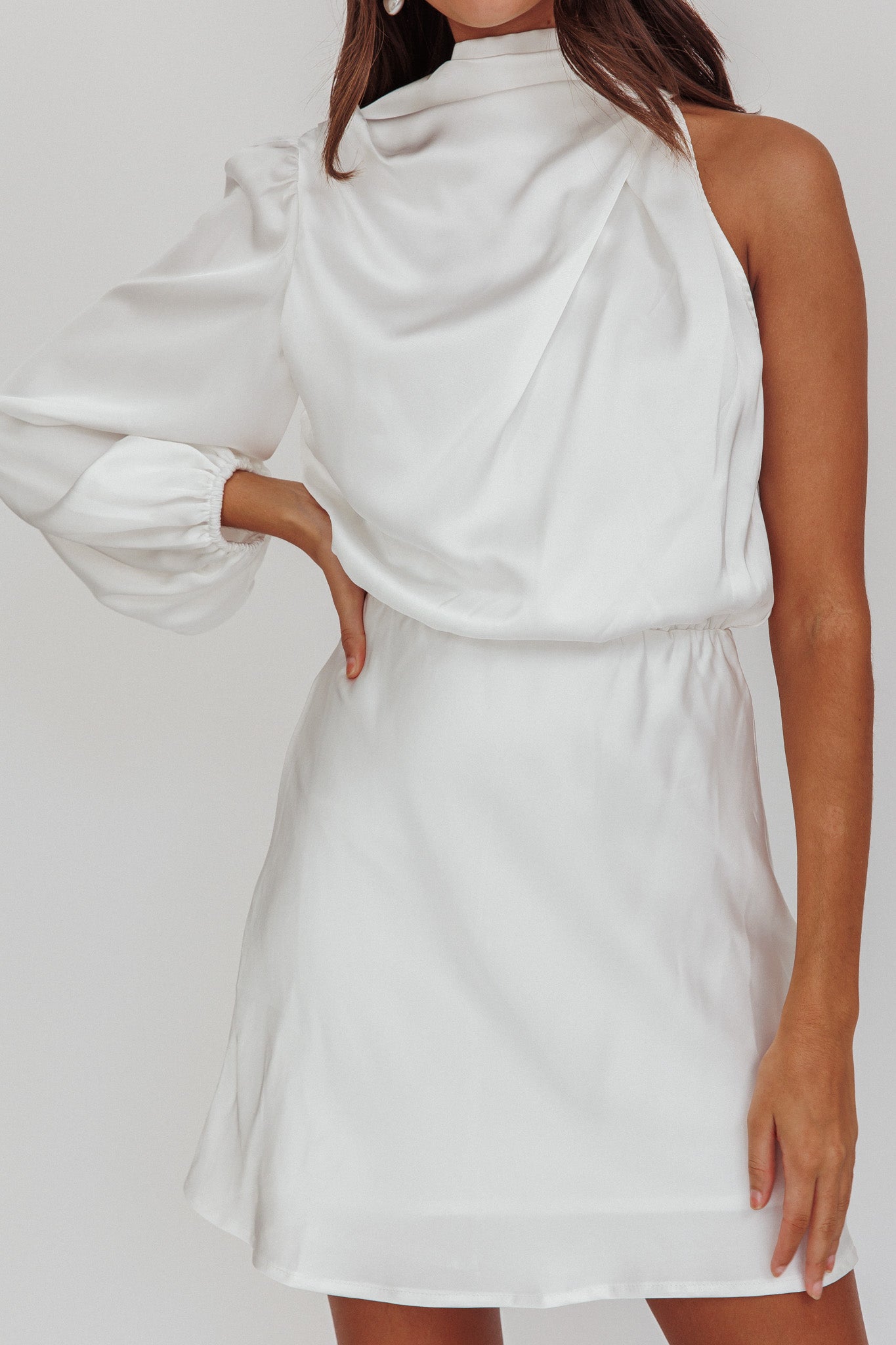 Can't Compete One Sleeve Mini Dress Off White by Selfie Leslie Australia