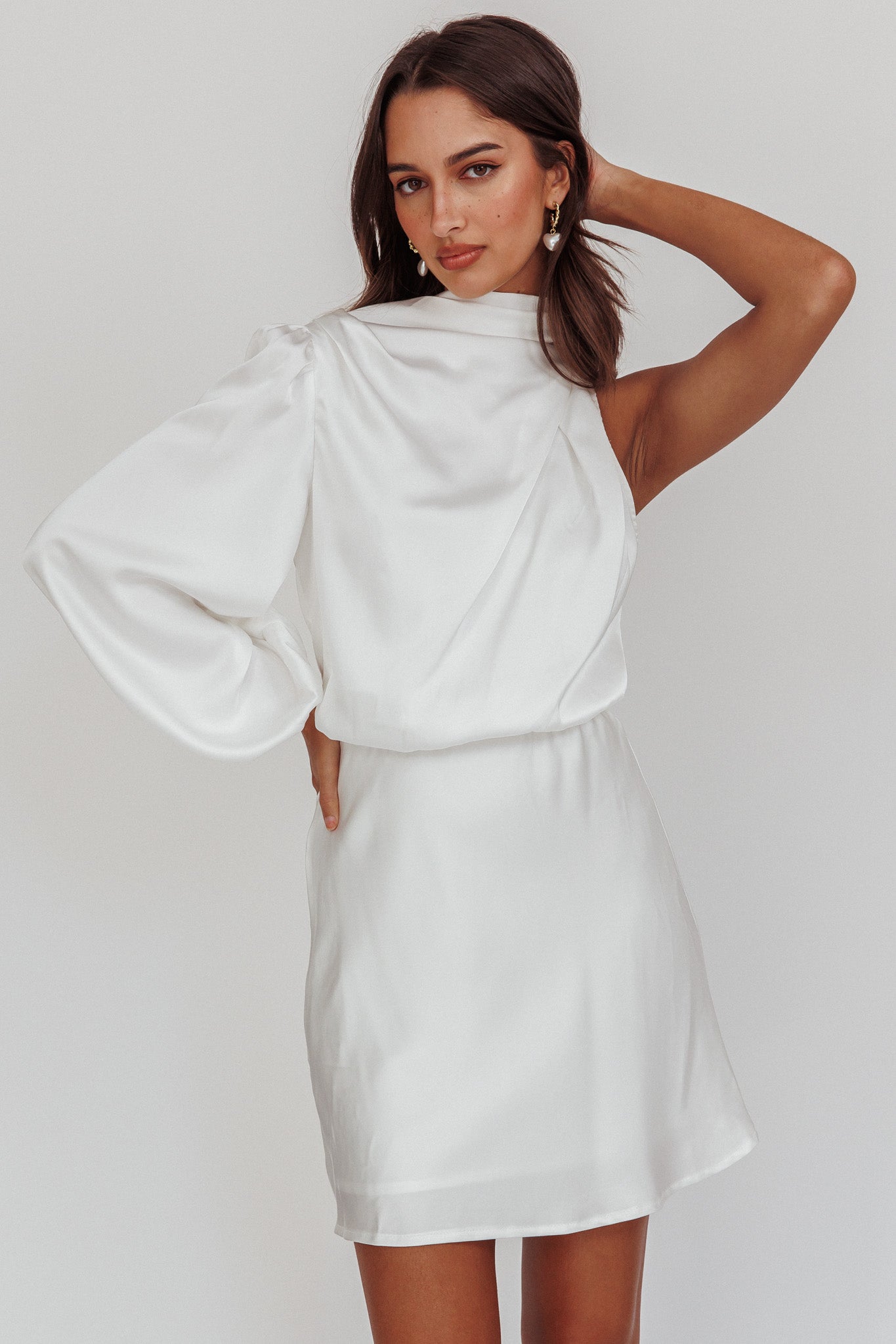 Can't Compete One Sleeve Mini Dress Off White by Selfie Leslie Australia