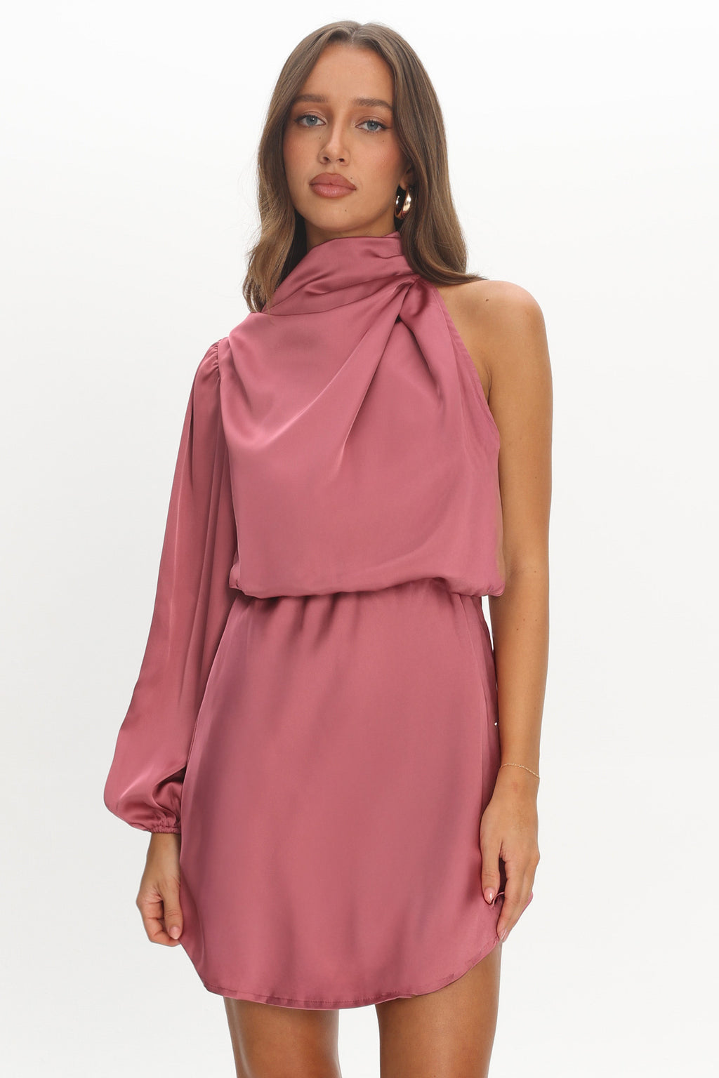 Can't Compete One Sleeve Satin Mini Dress Dusty Pink by Selfie Leslie Australia