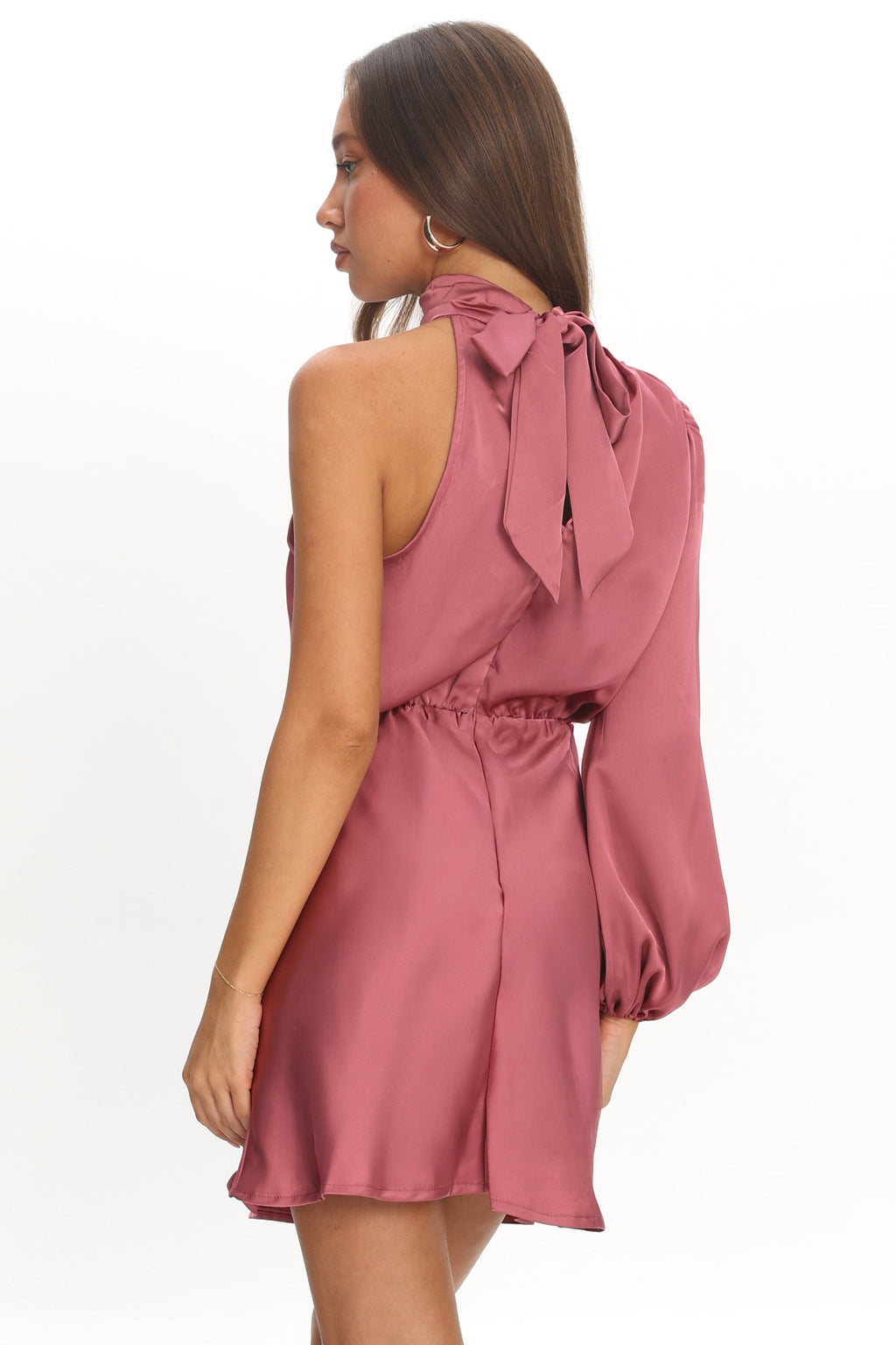 Can't Compete One Sleeve Satin Mini Dress Dusty Pink by Selfie Leslie Australia