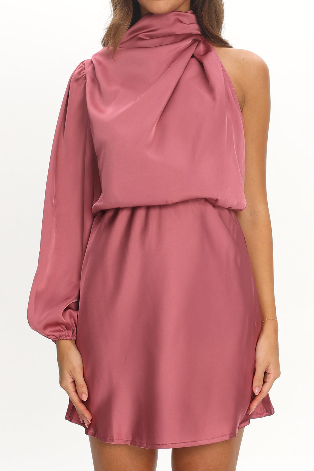 Can't Compete One Sleeve Satin Mini Dress Dusty Pink by Selfie Leslie Australia