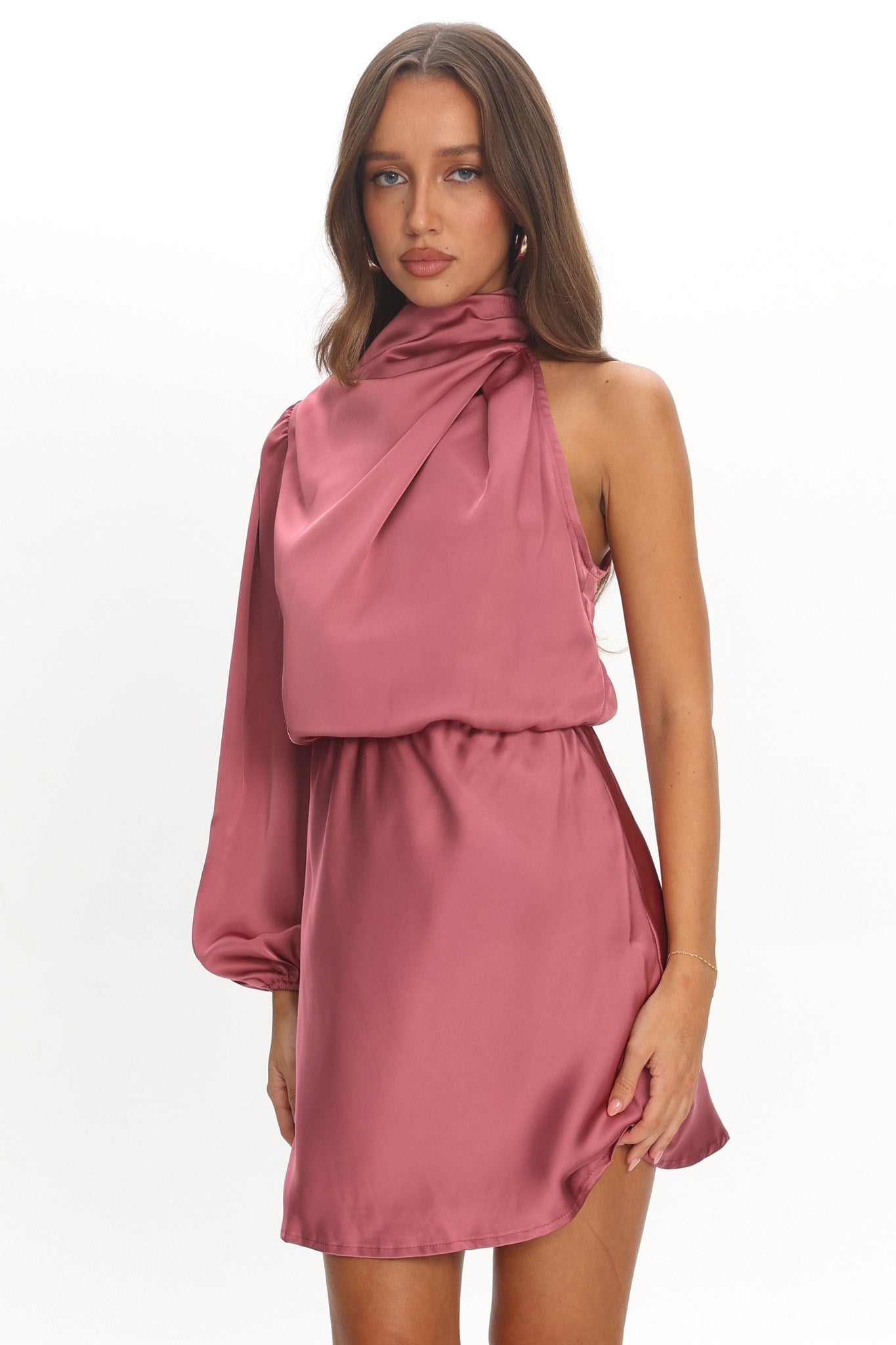 Can't Compete One Sleeve Satin Mini Dress Dusty Pink by Selfie Leslie Australia