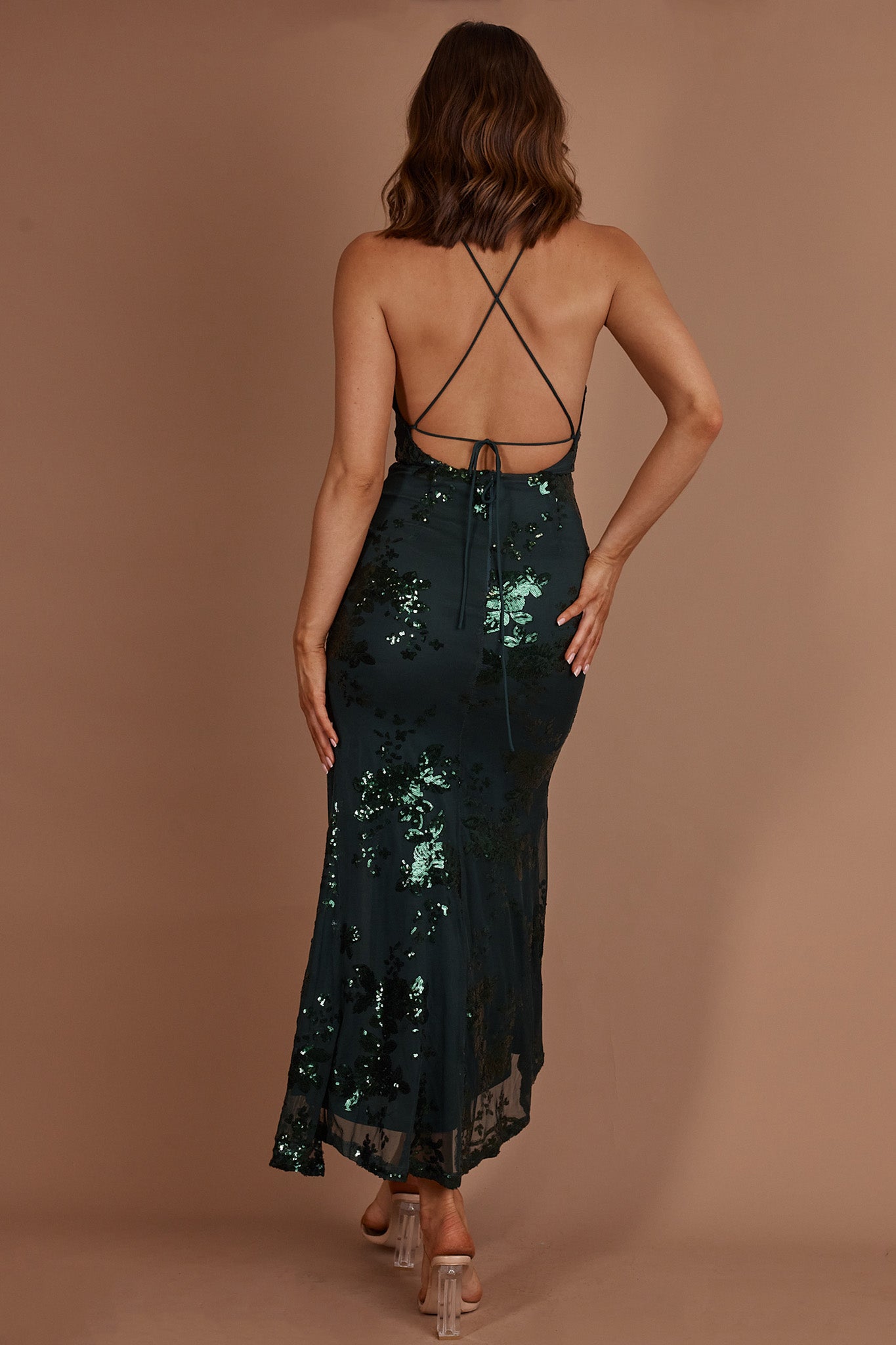 Haylan Sequin Backless Midi Dress Forest Green by Selfie Leslie Australia