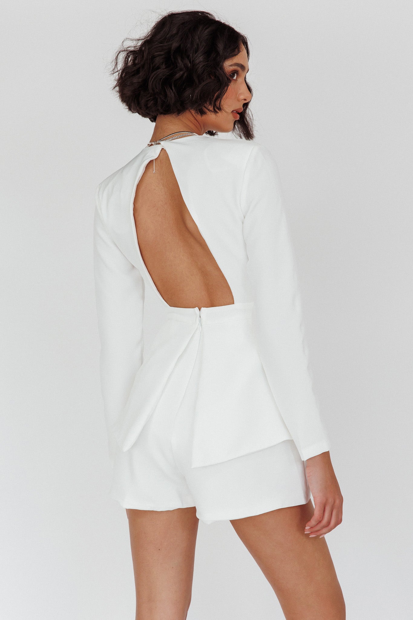 Kamanah Long Sleeve Plunging Neckline Romper White by Selfie Leslie Australia