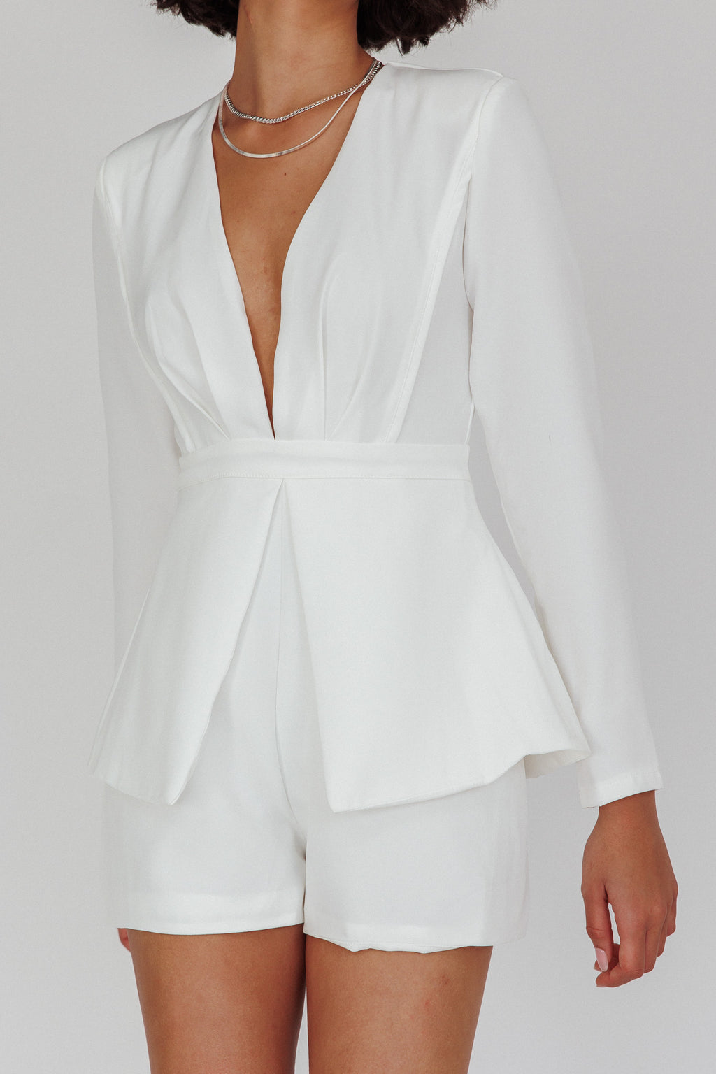 Kamanah Long Sleeve Plunging Neckline Romper White by Selfie Leslie Australia