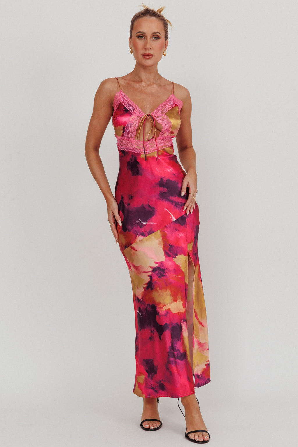Saga Bust Keyhole Satin Maxi Dress Purple by Selfie Leslie Australia