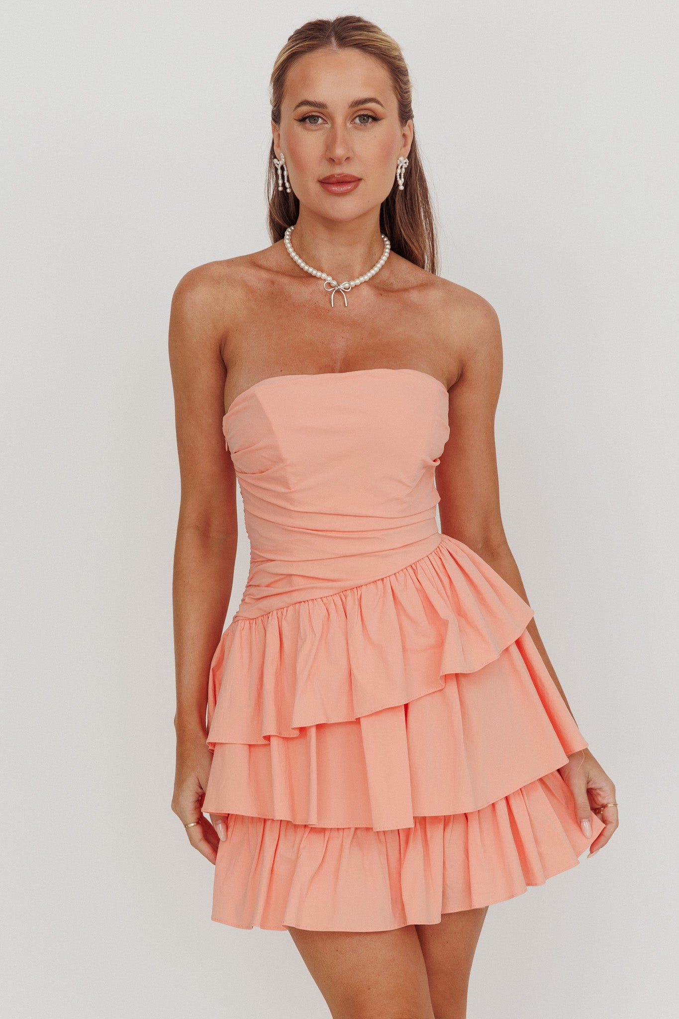 Destini Strapless Layered Frill Mini Dress Blush by Selfie Leslie Australia