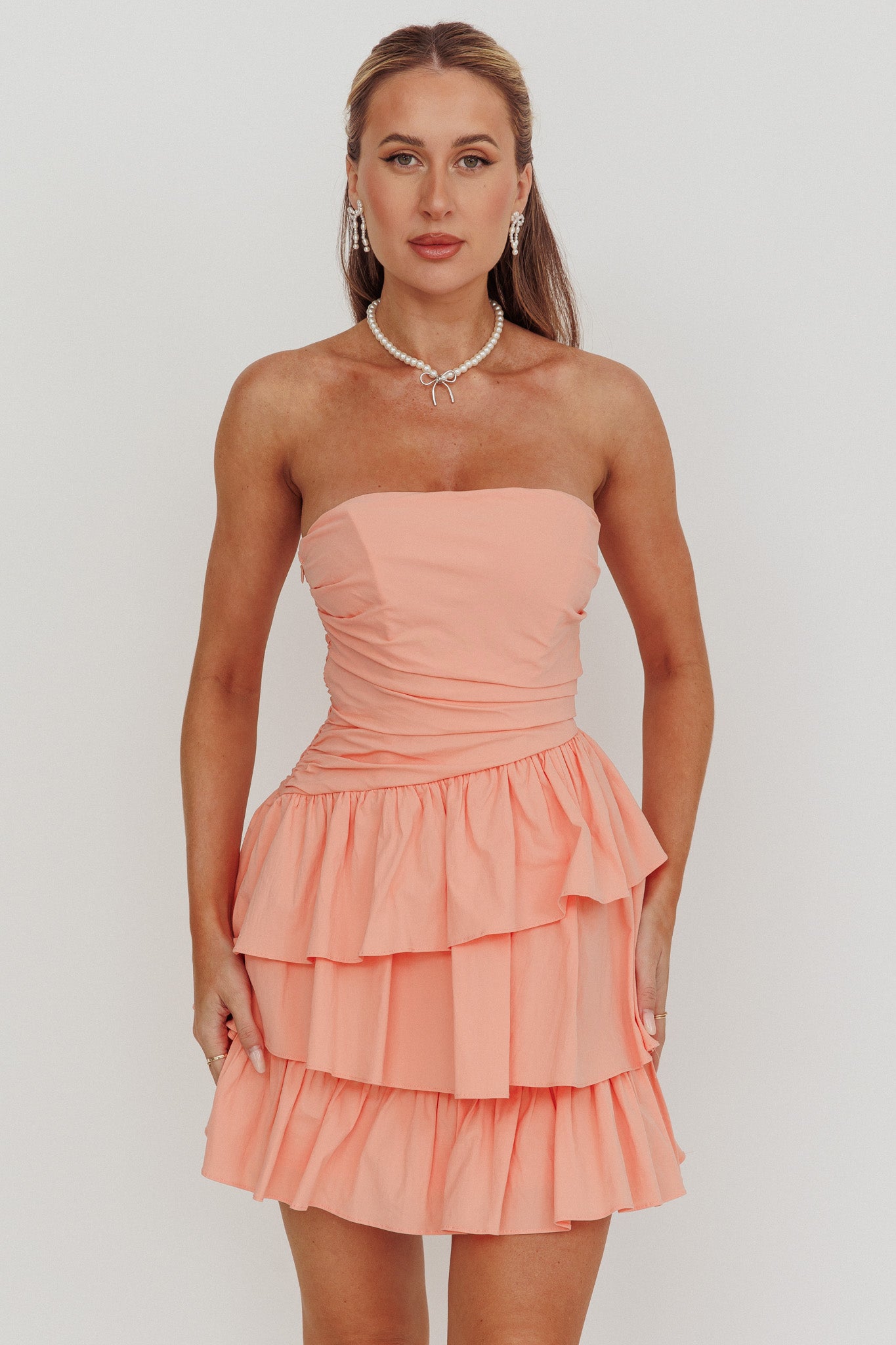 Destini Strapless Layered Frill Mini Dress Blush by Selfie Leslie Australia
