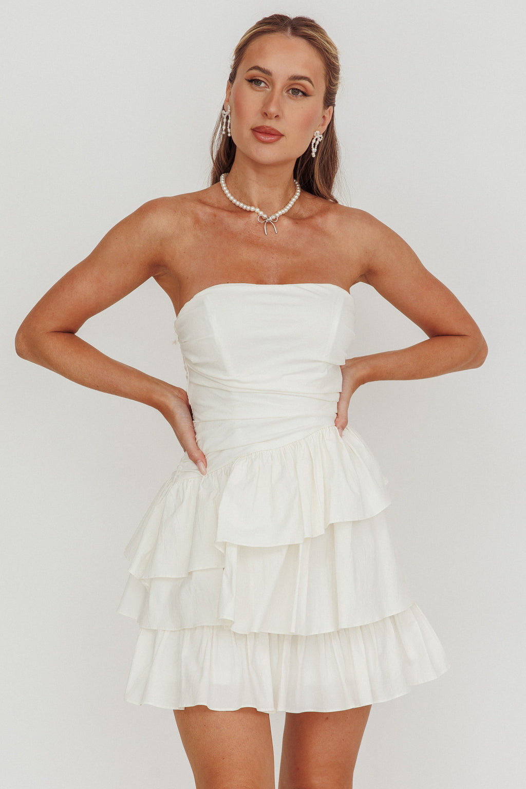 Destini Strapless Layered Frill Mini Dress Off White by Selfie Leslie Australia