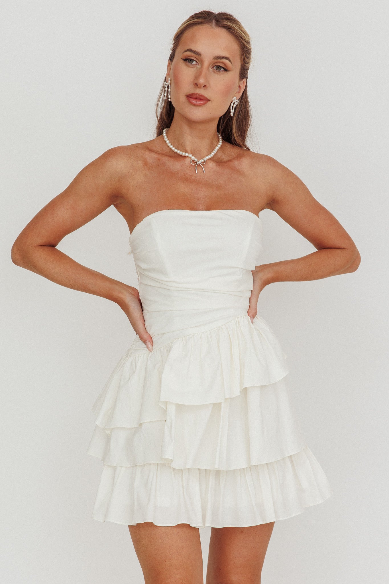 Destini Strapless Layered Frill Mini Dress Off White by Selfie Leslie Australia