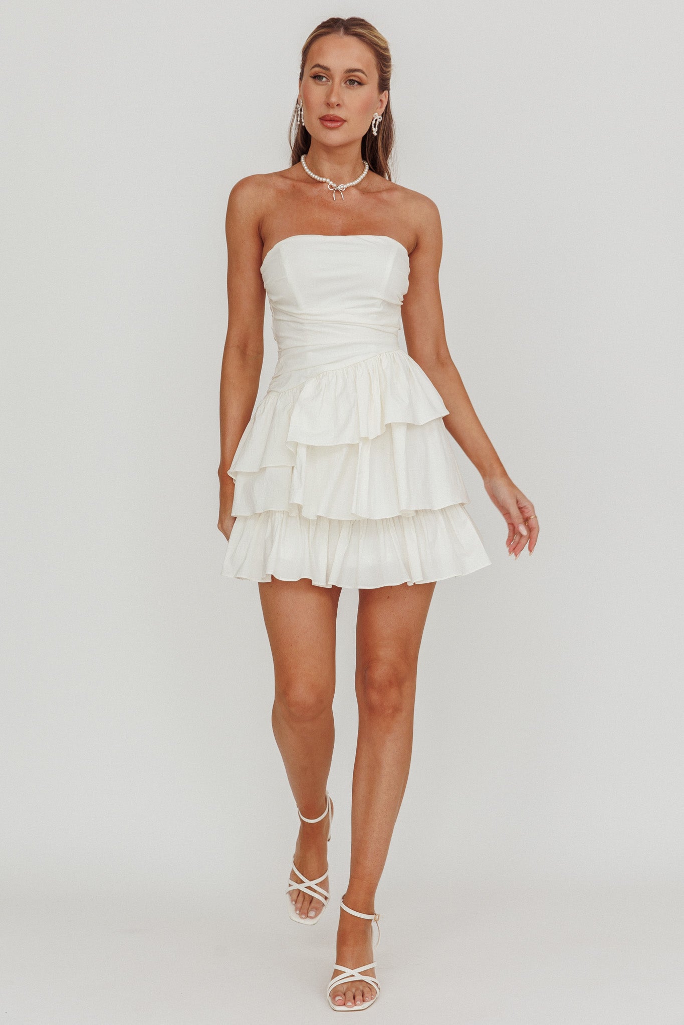 Destini Strapless Layered Frill Mini Dress Off White by Selfie Leslie Australia
