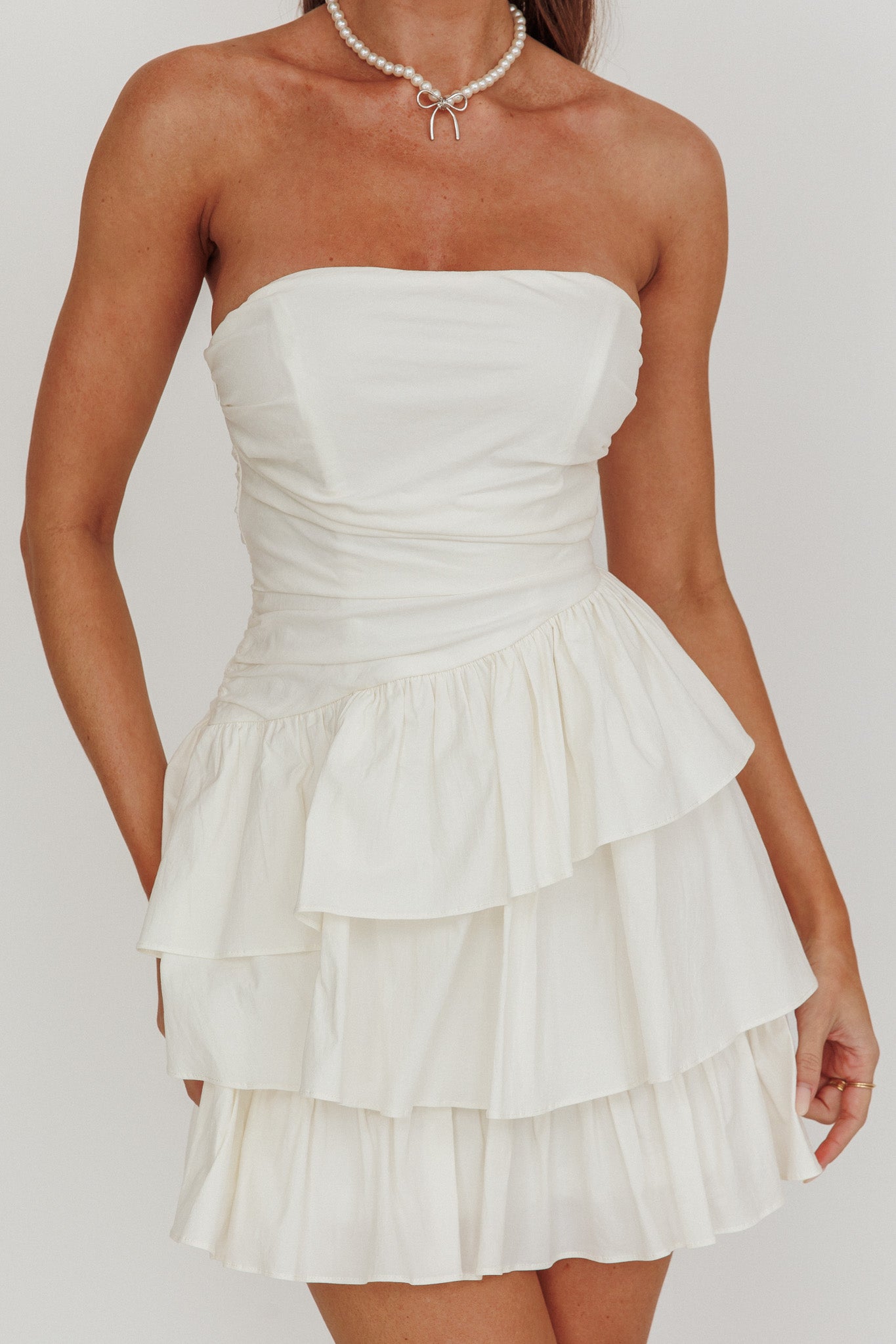 Destini Strapless Layered Frill Mini Dress Off White by Selfie Leslie Australia