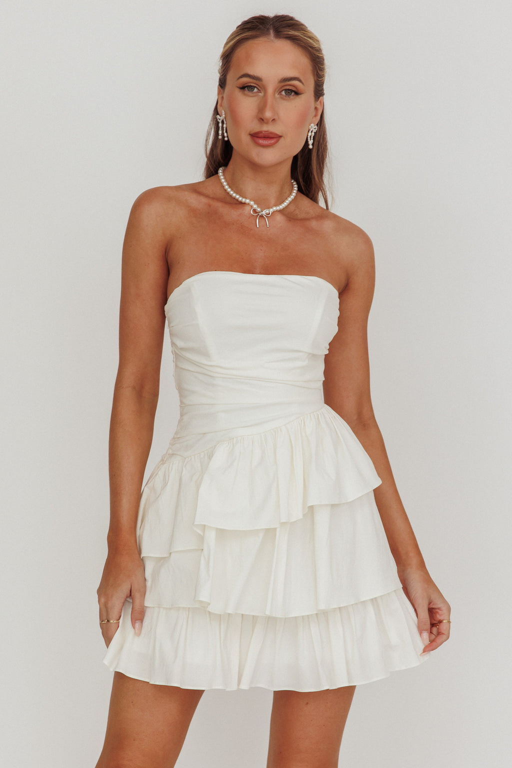 Destini Strapless Layered Frill Mini Dress Off White by Selfie Leslie Australia