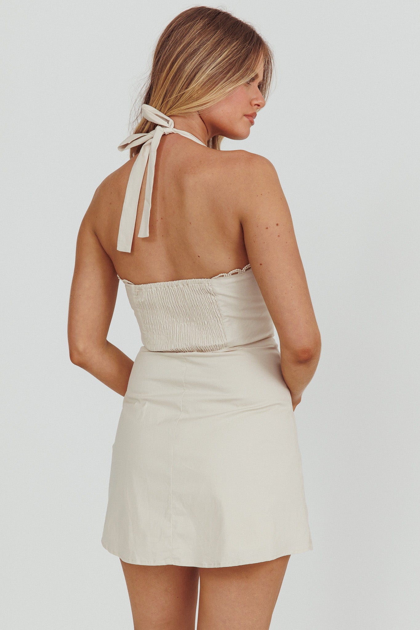 Jovial Halterneck Mini Dress Stone by Selfie Leslie Australia