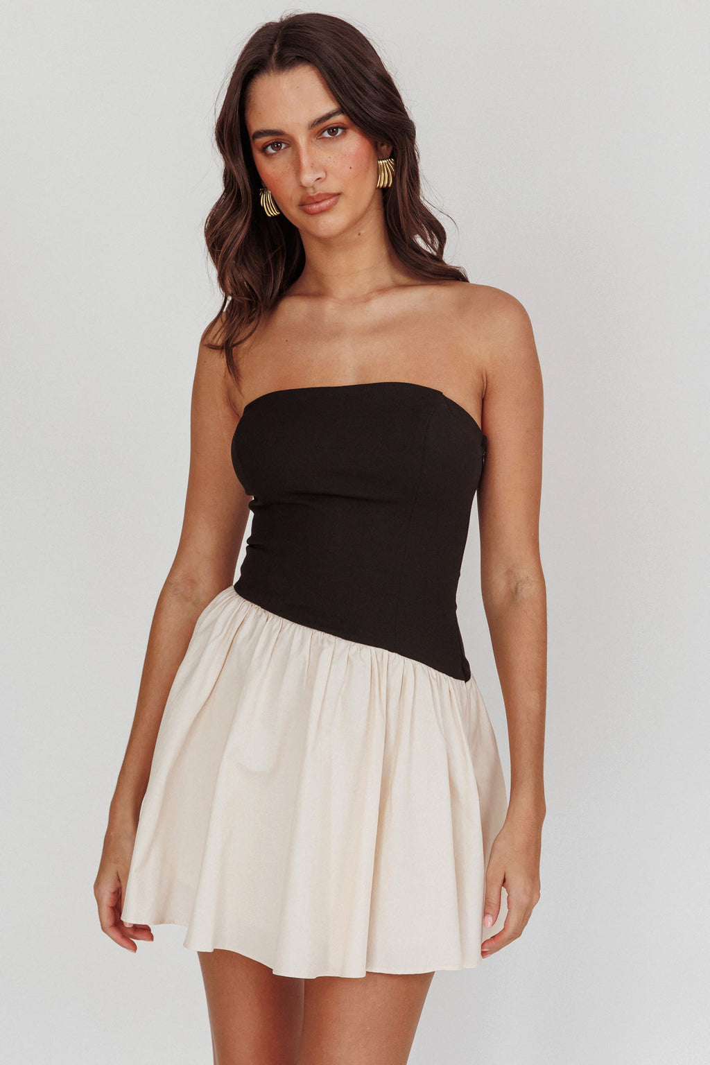 Marzipan Strapless Contrast Mini Dress Black Cream by Selfie Leslie Australia