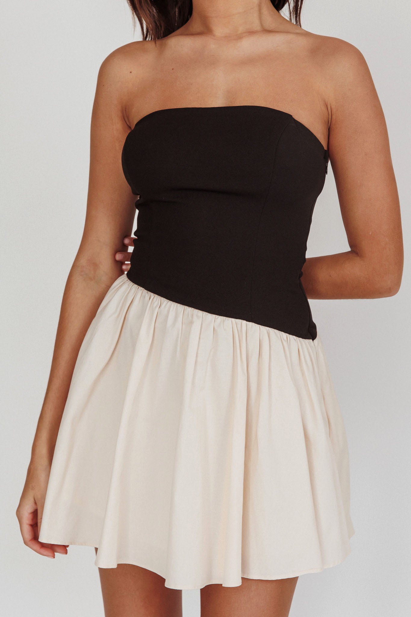 Marzipan Strapless Contrast Mini Dress Black Cream by Selfie Leslie Australia