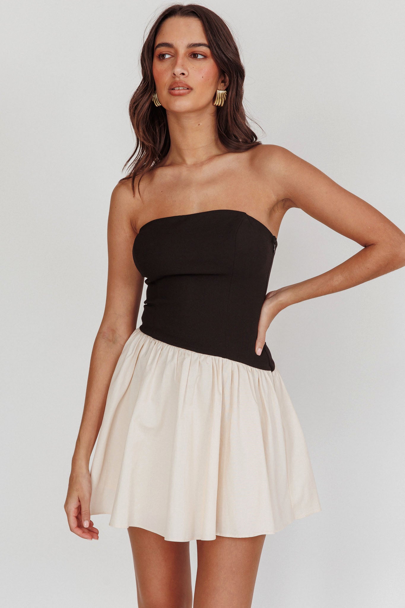 Marzipan Strapless Contrast Mini Dress Black Cream by Selfie Leslie Australia