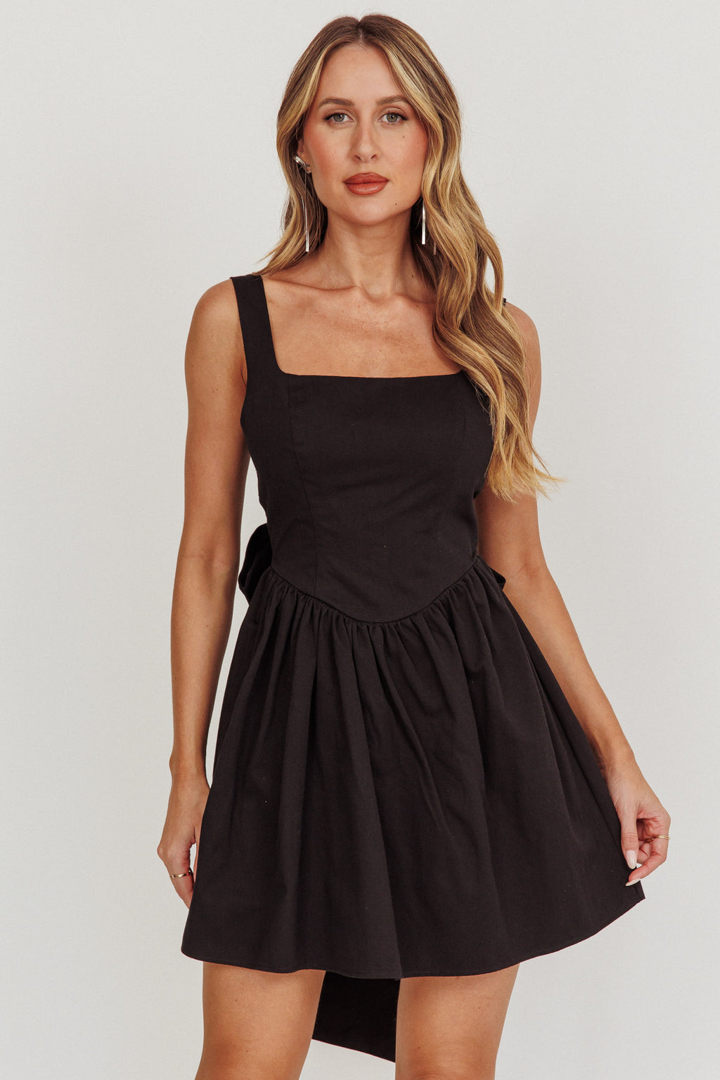 Irenic Bow Flare Mini Dress Black by Selfie Leslie Australia