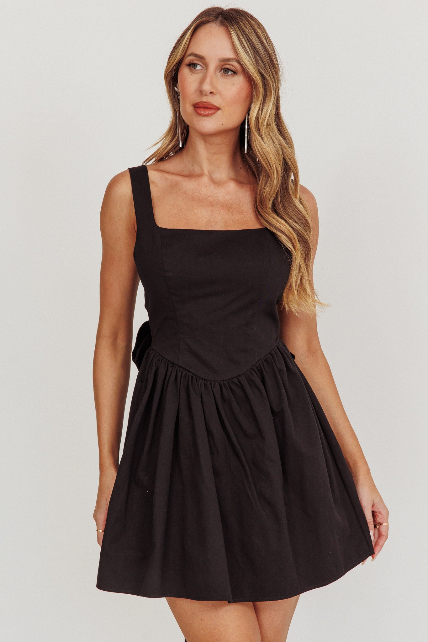Irenic Bow Flare Mini Dress Black by Selfie Leslie Australia