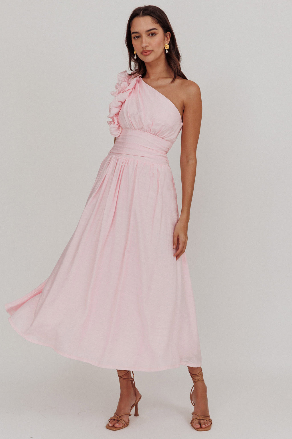 Antheia One-Shoulder Maxi Dress Baby Pink by Selfie Leslie Australia