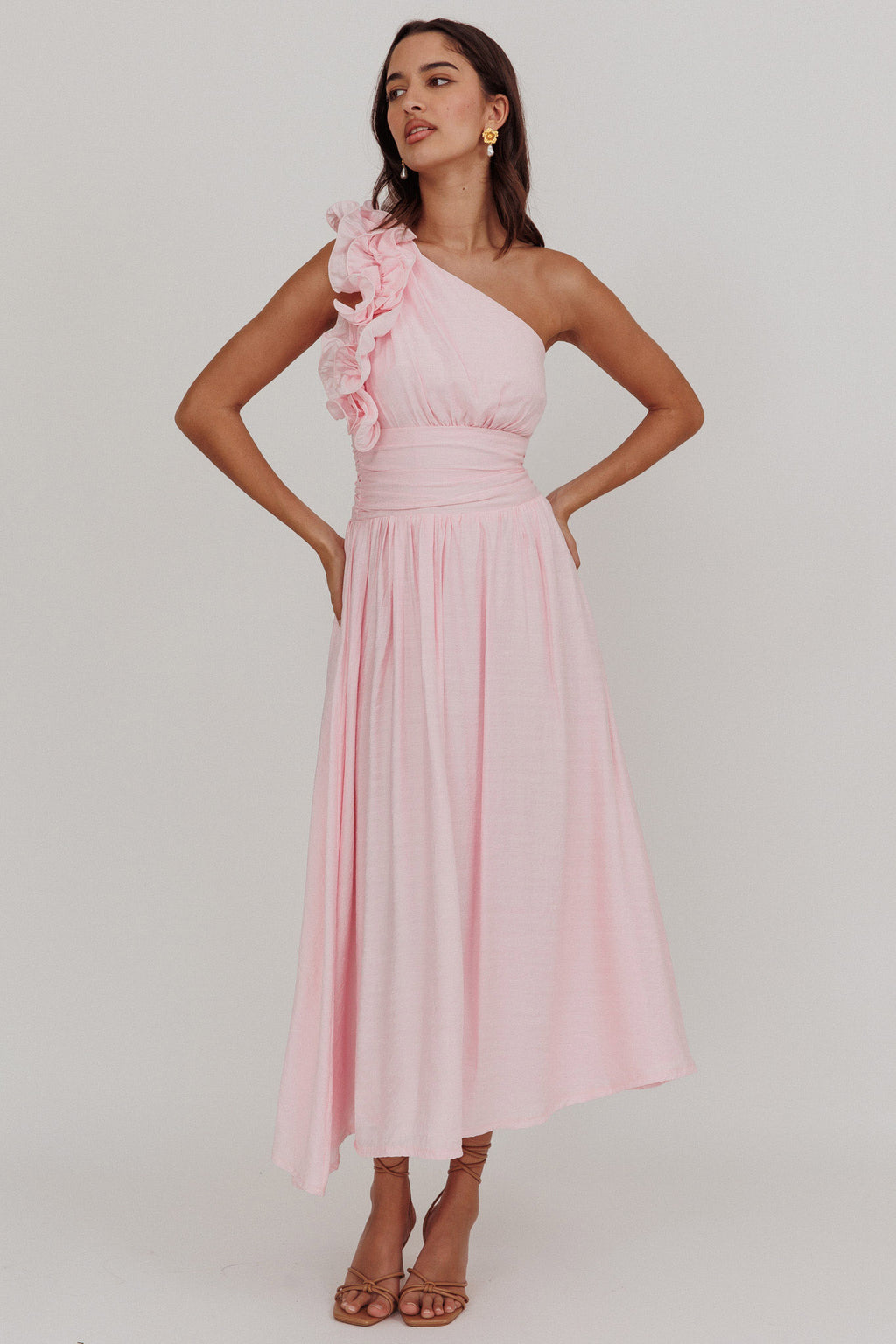 Antheia One-Shoulder Maxi Dress Baby Pink by Selfie Leslie Australia