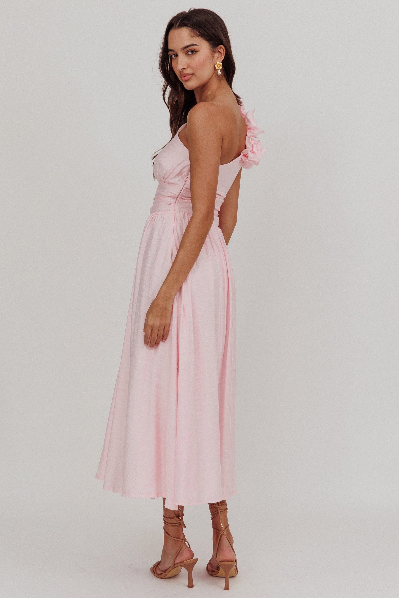Antheia One-Shoulder Maxi Dress Baby Pink by Selfie Leslie Australia
