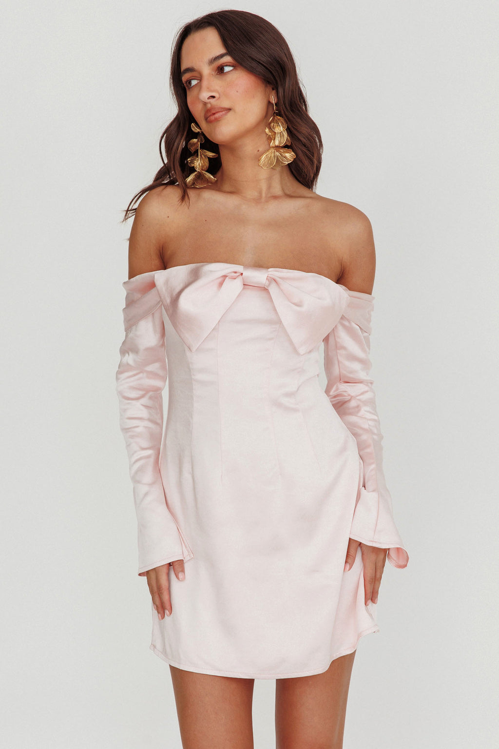 Lilith Off Shoulder Bow Mini Dress Blush by Selfie Leslie Australia