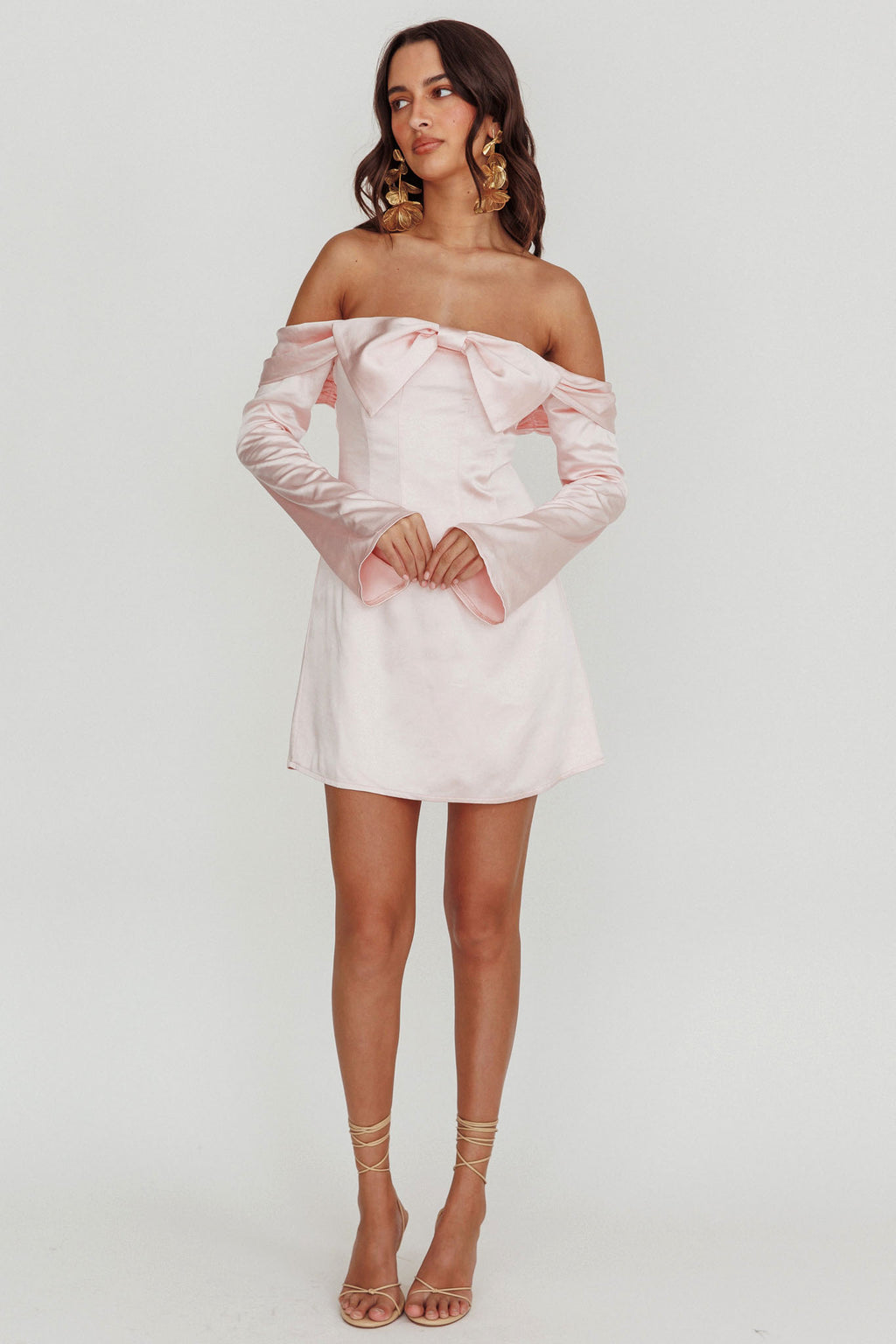 Lilith Off Shoulder Bow Mini Dress Blush by Selfie Leslie Australia