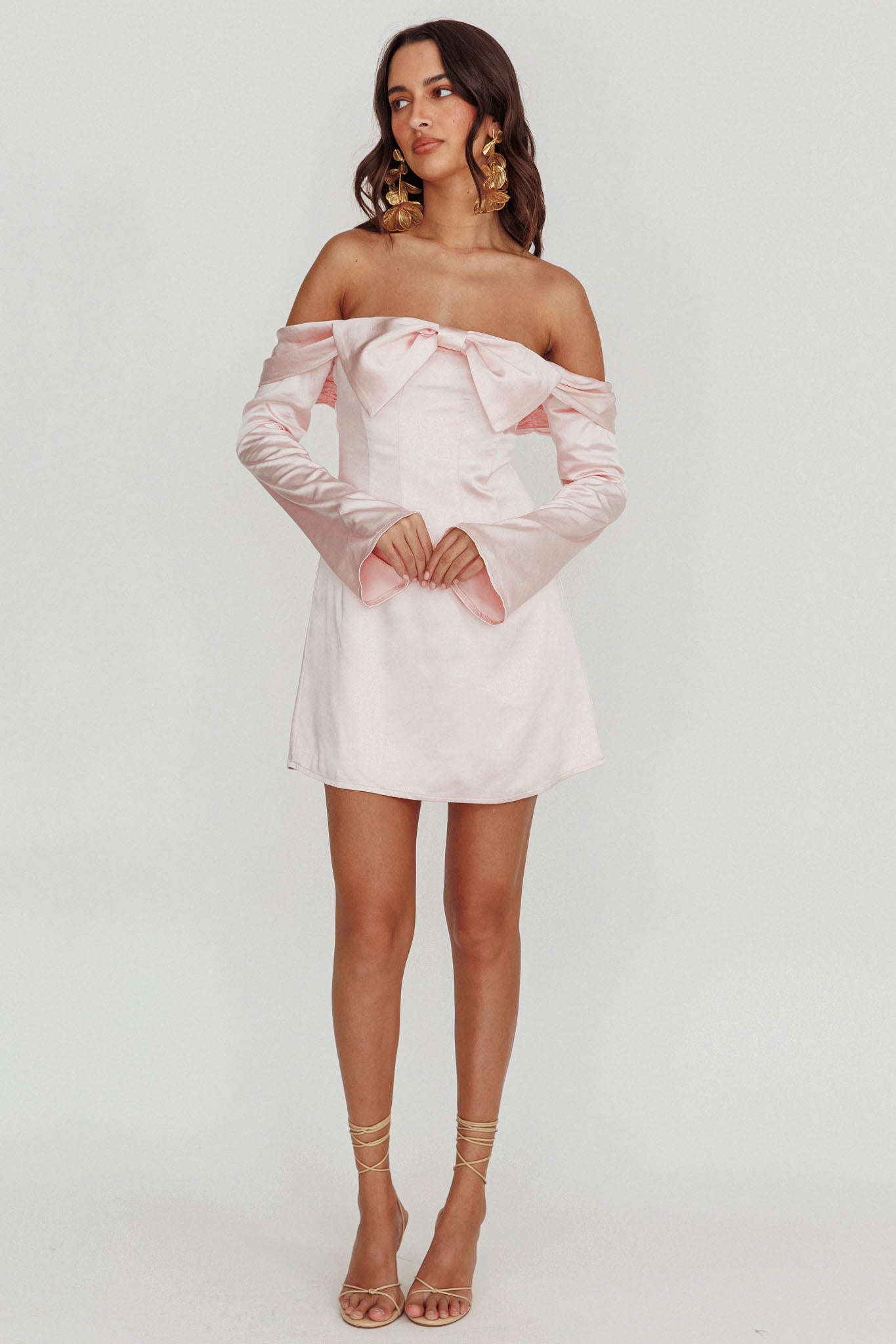 Lilith Off Shoulder Bow Mini Dress Blush by Selfie Leslie Australia