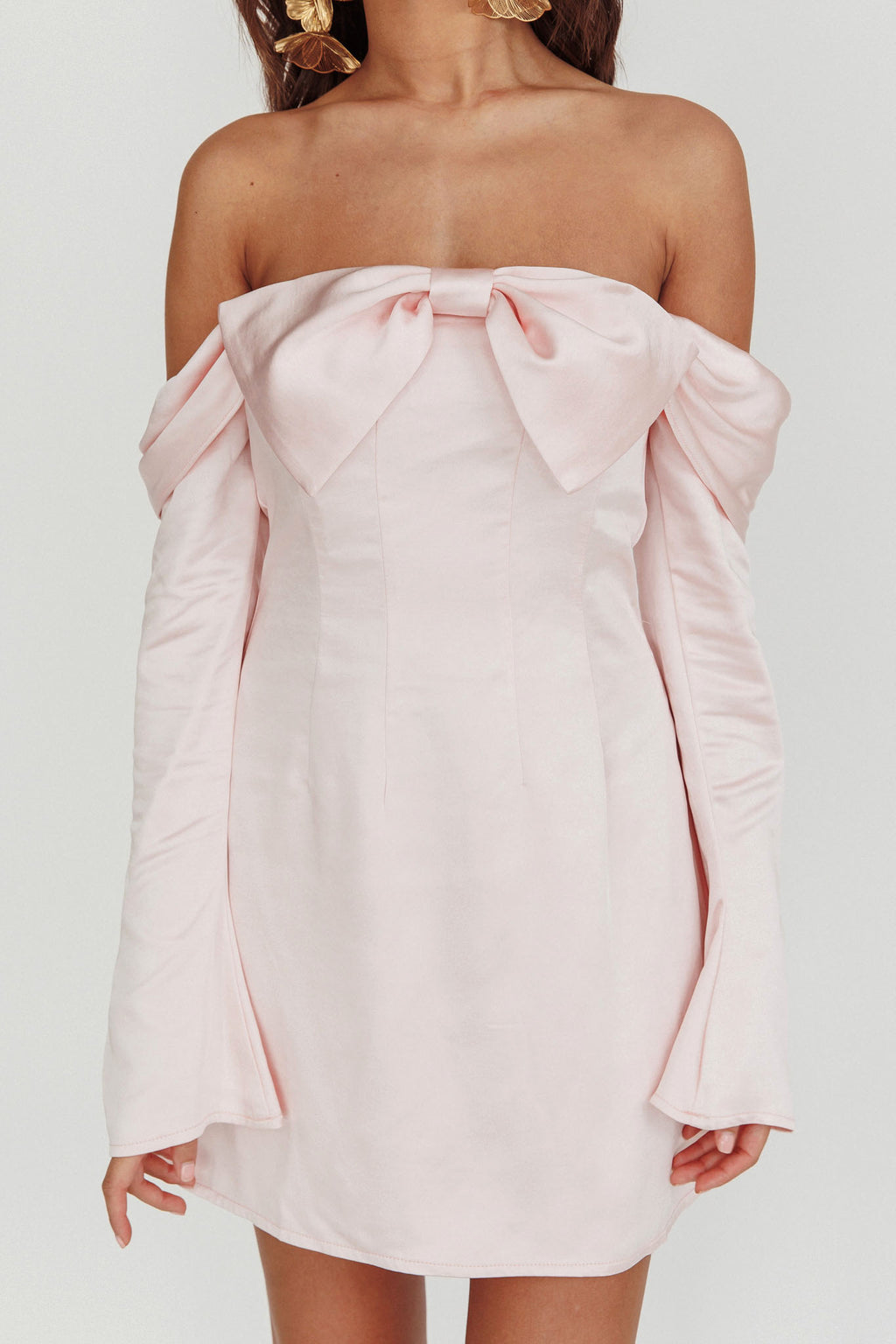 Lilith Off Shoulder Bow Mini Dress Blush by Selfie Leslie Australia