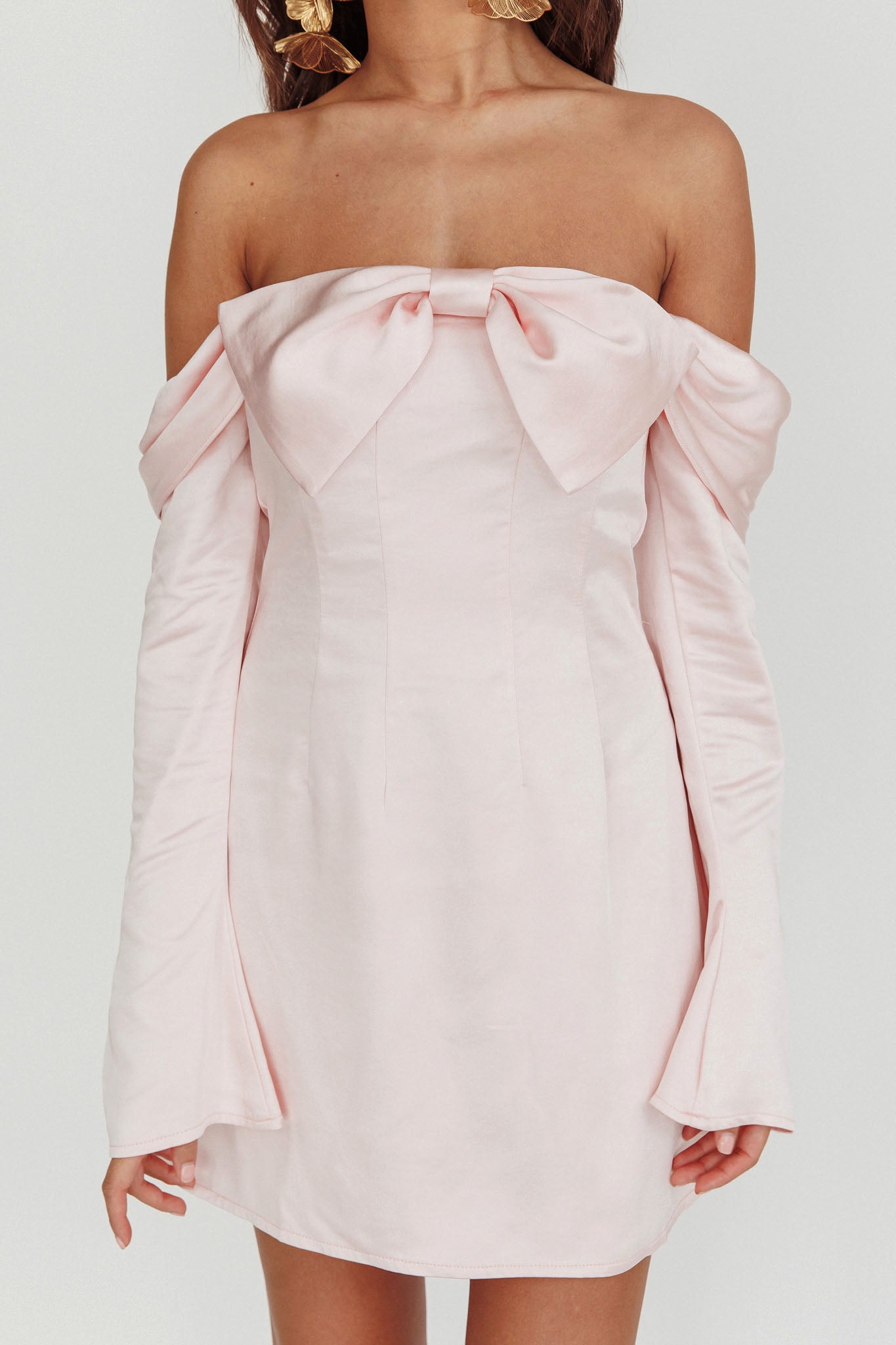 Lilith Off Shoulder Bow Mini Dress Blush by Selfie Leslie Australia