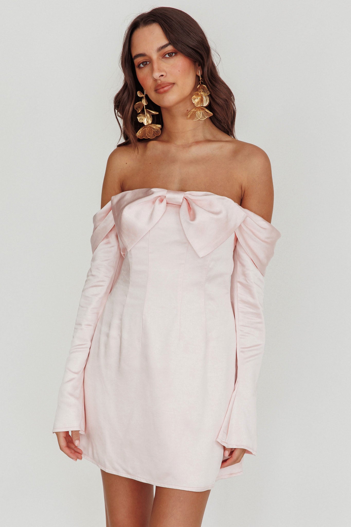 Lilith Off Shoulder Bow Mini Dress Blush by Selfie Leslie Australia