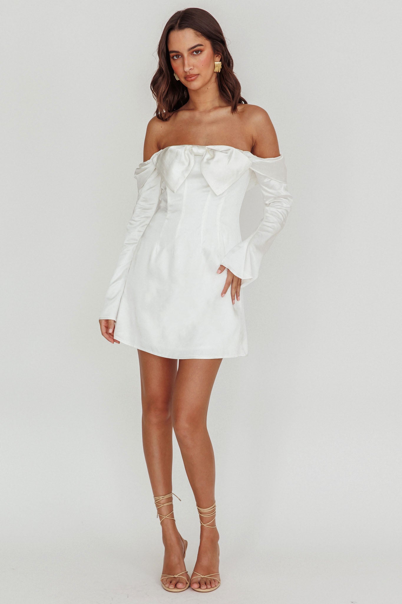 Lilith Off Shoulder Bow Mini Dress White by Selfie Leslie Australia