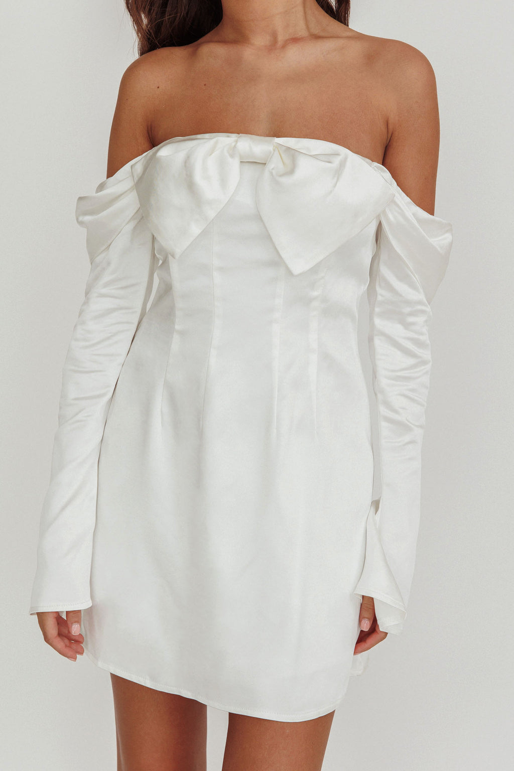 Lilith Off Shoulder Bow Mini Dress White by Selfie Leslie Australia