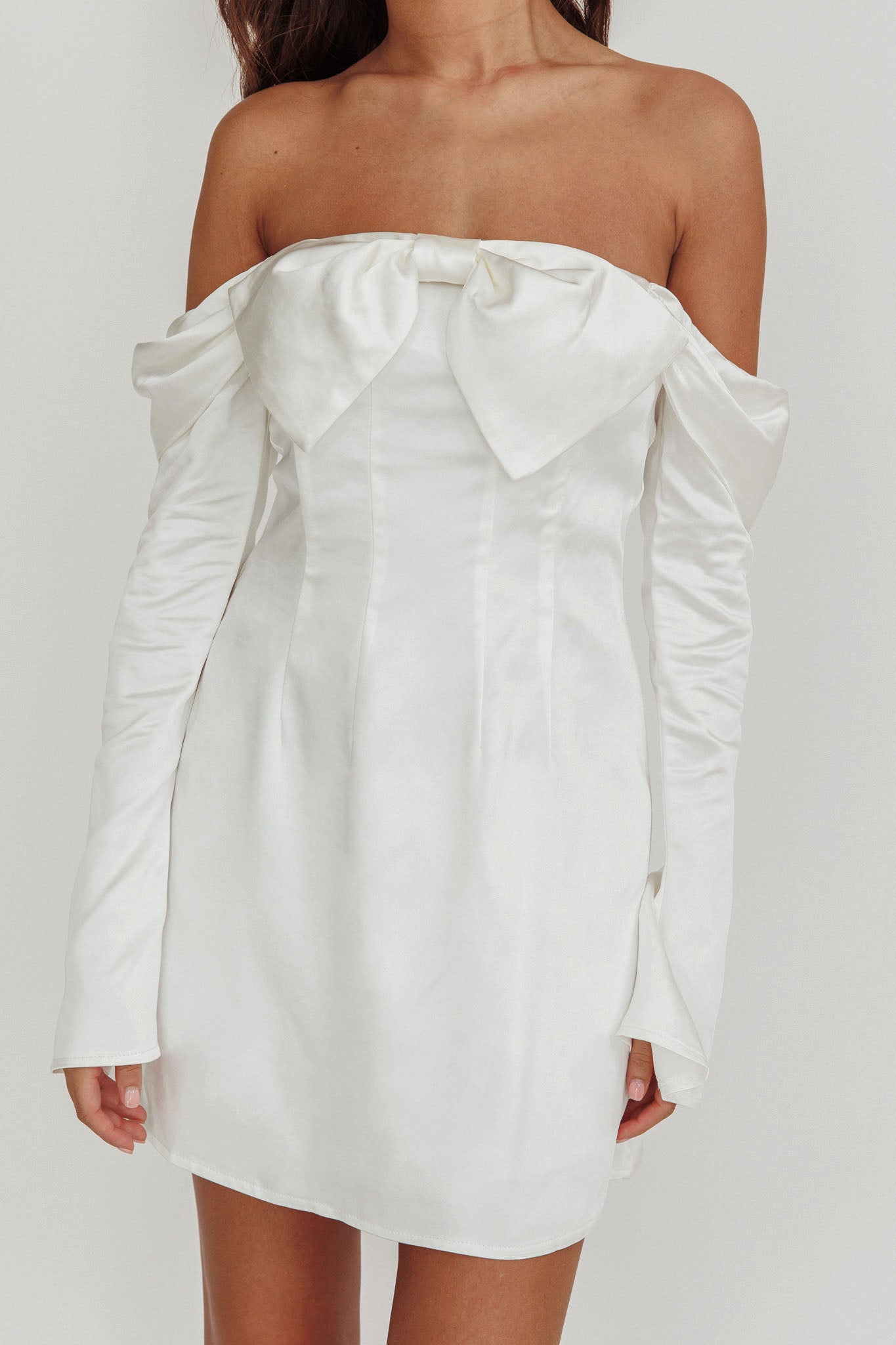 Lilith Off Shoulder Bow Mini Dress White by Selfie Leslie Australia