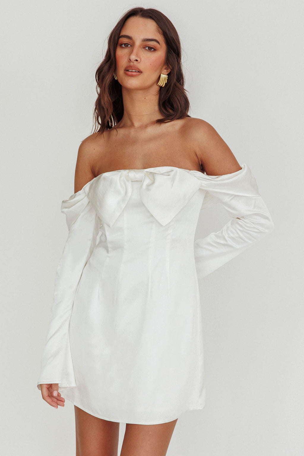 Lilith Off Shoulder Bow Mini Dress White by Selfie Leslie Australia
