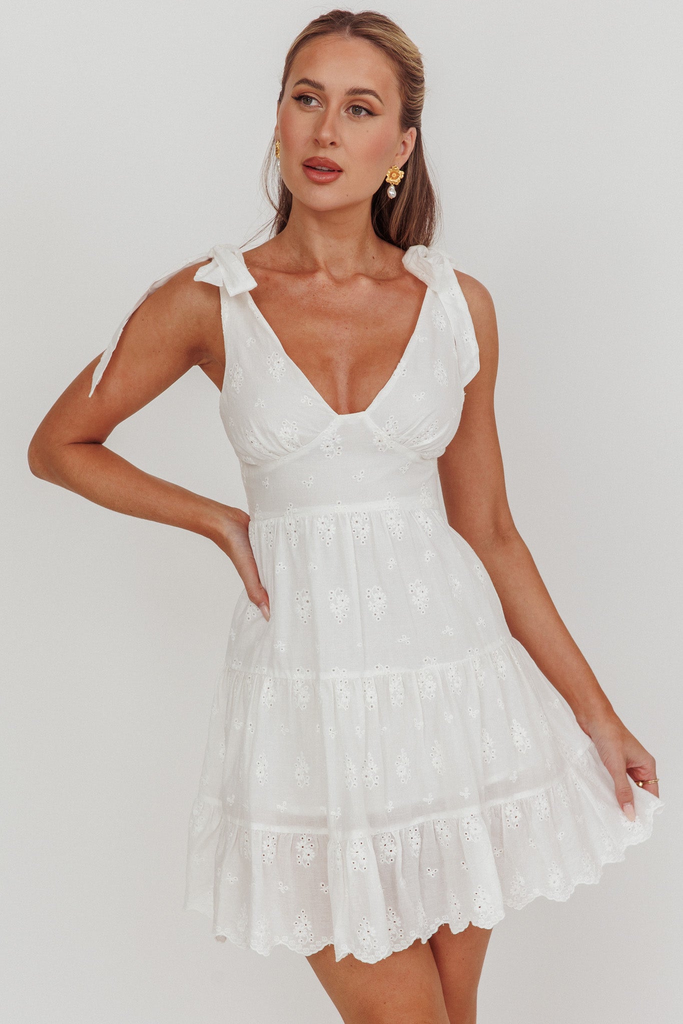 Ardent Tied Shoulder Mini Dress White by Selfie Leslie Australia