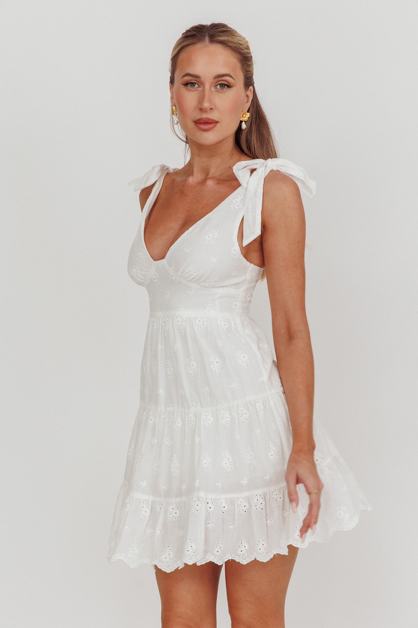 Ardent Tied Shoulder Mini Dress White by Selfie Leslie Australia