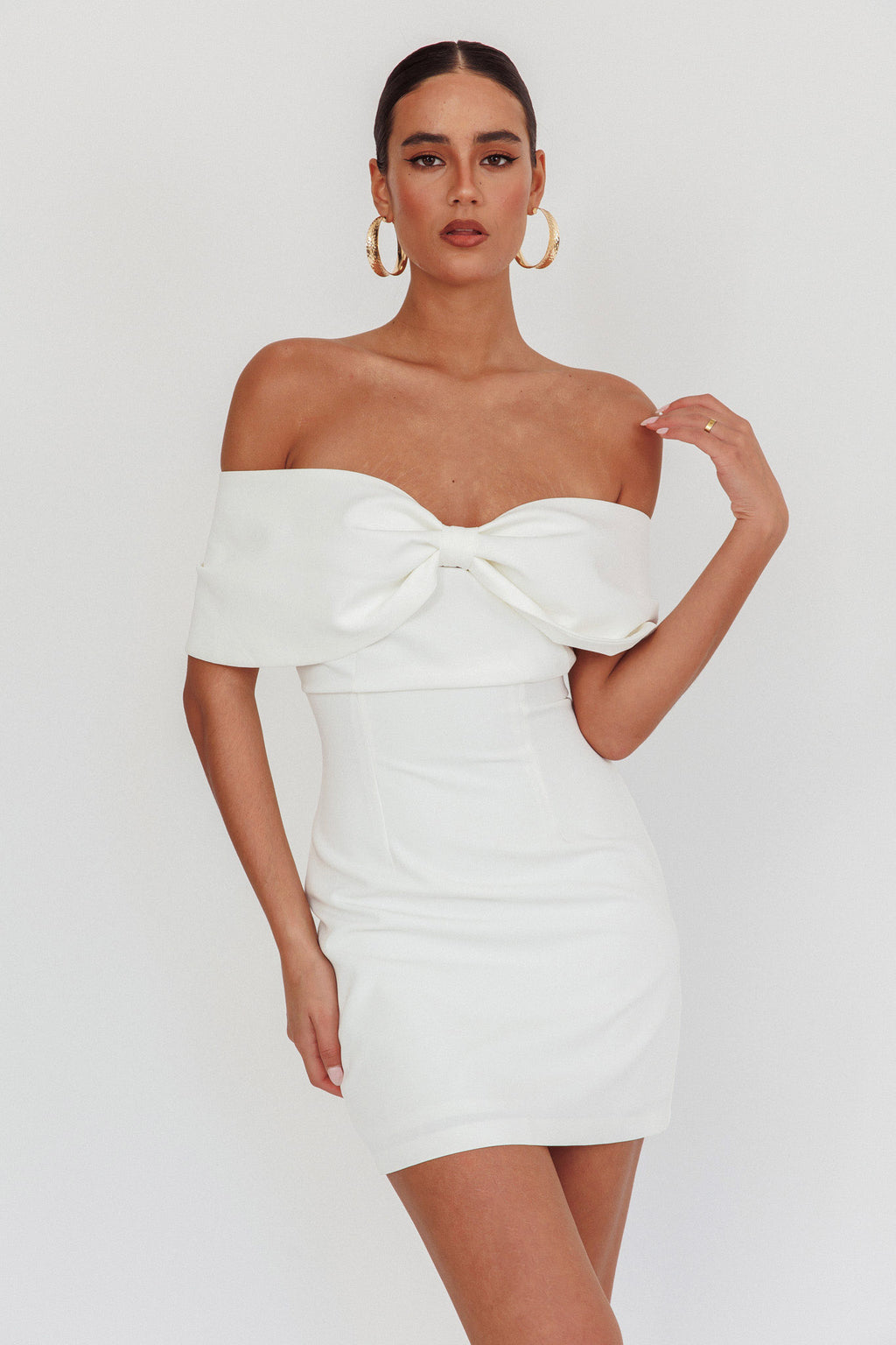 Sweet Caroline Off-Shoulder Bow Mini Dress White by Selfie Leslie Australia