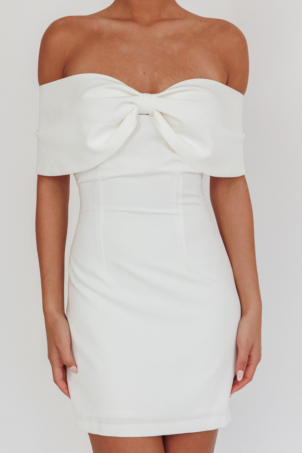 Sweet Caroline Off-Shoulder Bow Mini Dress White by Selfie Leslie Australia