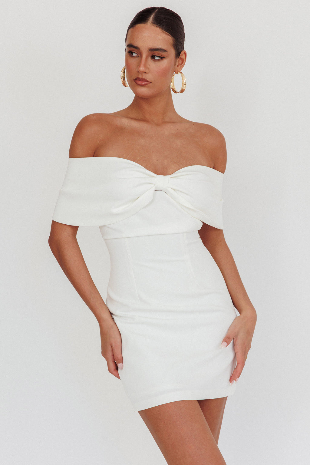 Sweet Caroline Off-Shoulder Bow Mini Dress White by Selfie Leslie Australia