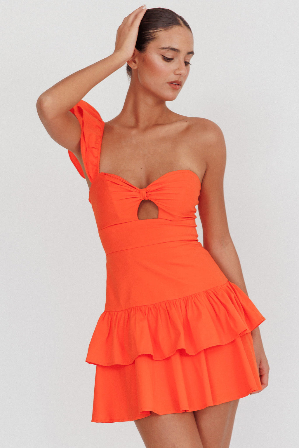 Tea Time One Shoulder Ruffle Mini Dress Tangerine by Selfie Leslie Australia