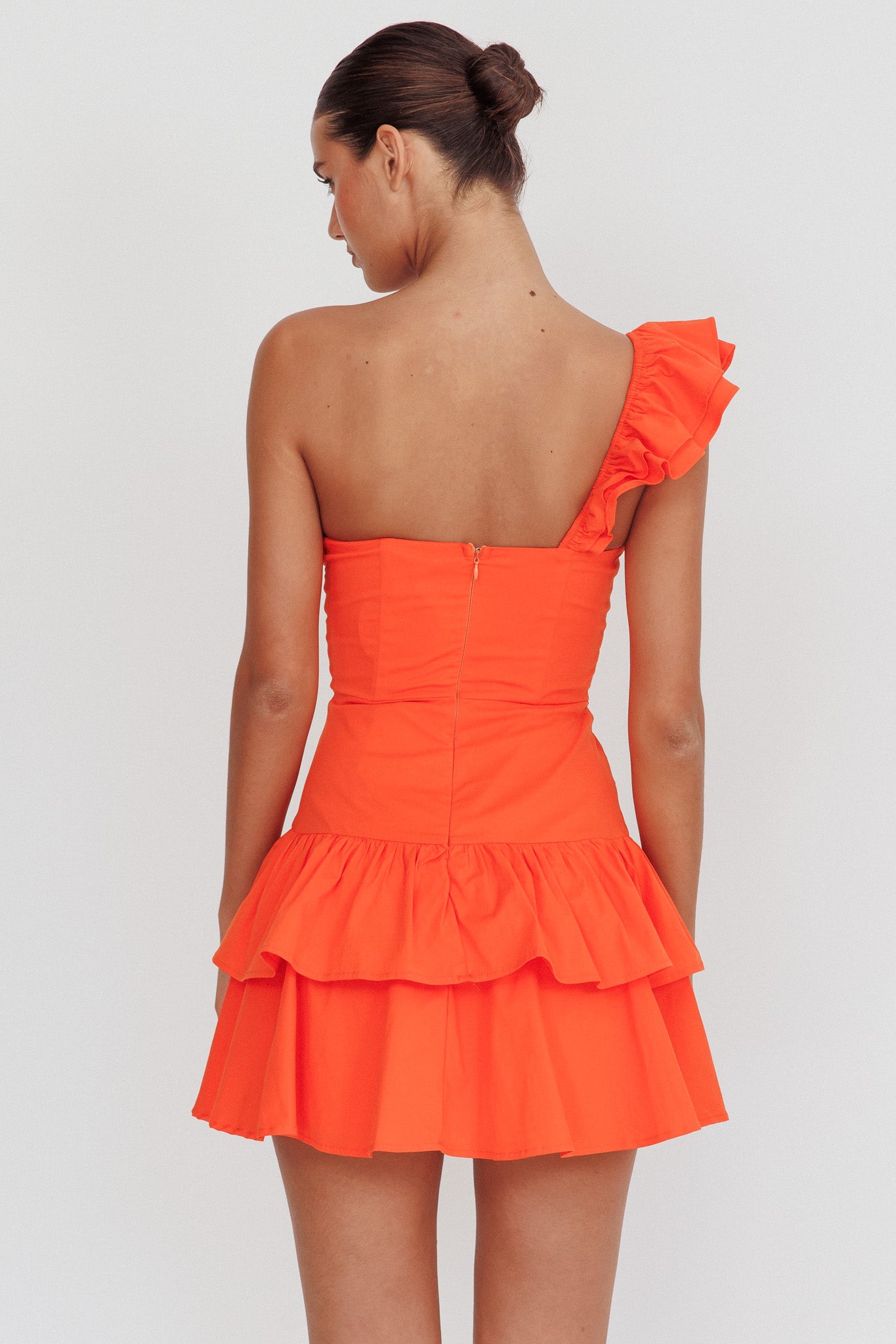 Tea Time One Shoulder Ruffle Mini Dress Tangerine by Selfie Leslie Australia
