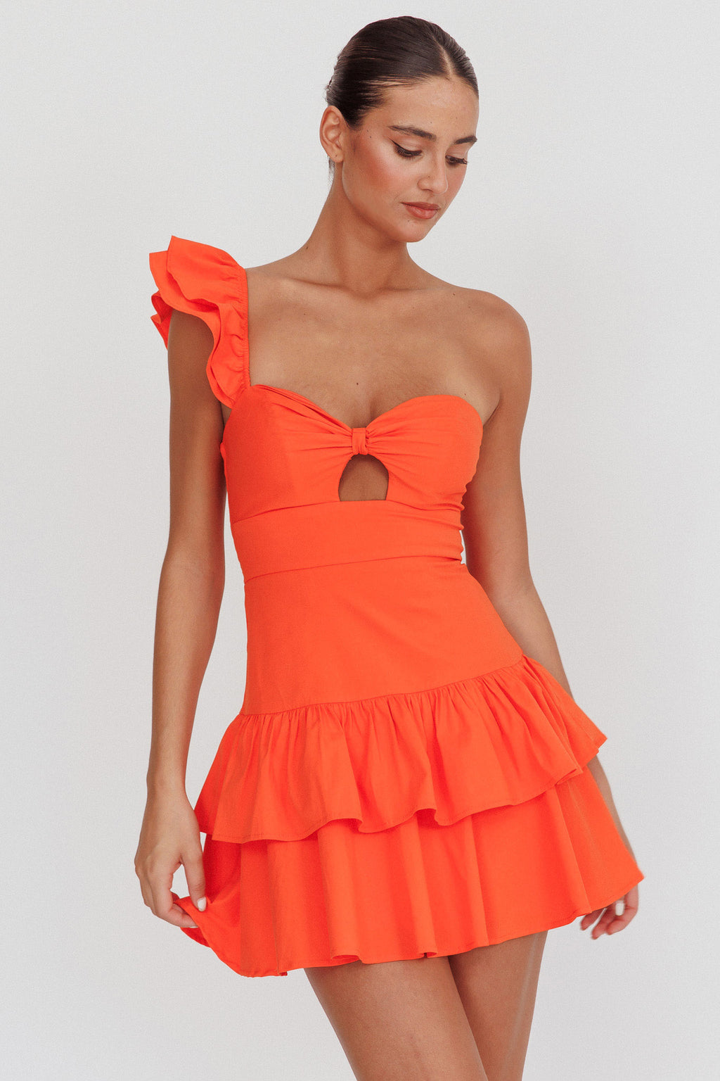 Tea Time One Shoulder Ruffle Mini Dress Tangerine by Selfie Leslie Australia