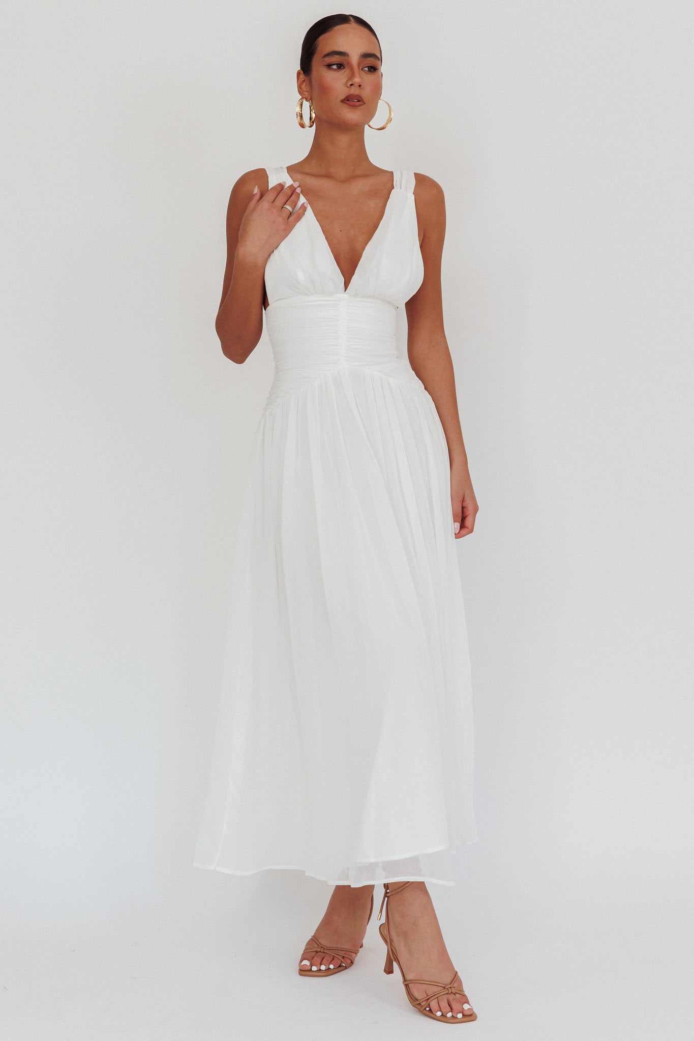 Sammi Ruched Waist Tied Back Maxi Dress White by Selfie Leslie Australia