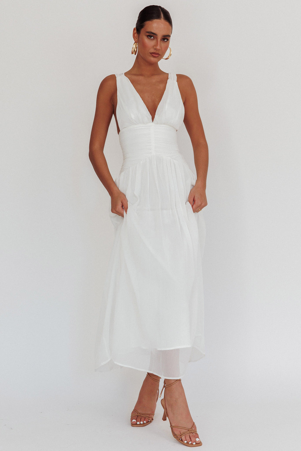 Sammi Ruched Waist Tied Back Maxi Dress White by Selfie Leslie Australia