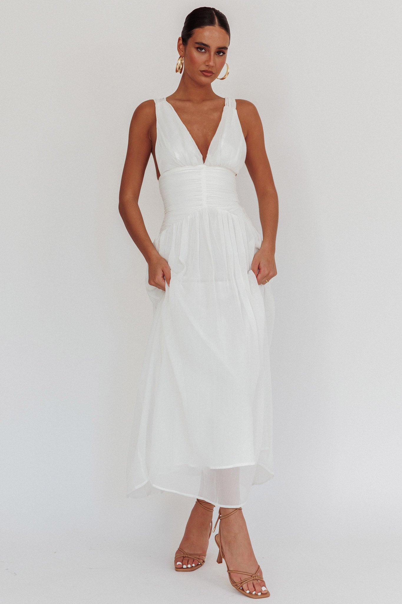 Sammi Ruched Waist Tied Back Maxi Dress White by Selfie Leslie Australia